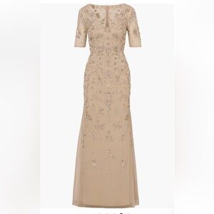 Adrianna Papell NWT Beaded Mesh Long Maxi Dress 6 Beige Biscotti